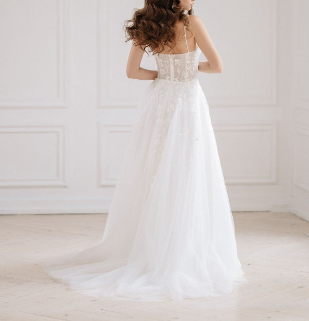 Floral wedding dress with trained skirt bridal gown with slim spaghetti straps boho maxi dress