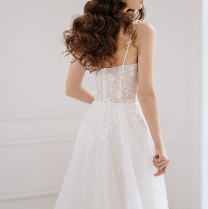 Floral wedding dress with trained skirt bridal gown with slim spaghetti straps boho maxi dress