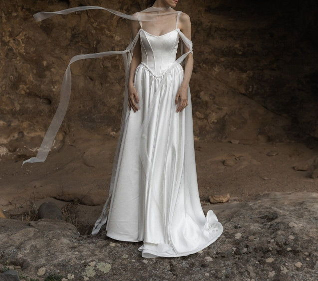 Satin White Wedding Dress Corset Wedding Dress A-line Off Shoulder Wedding Dress Victorian Wedding Dress Low Waist Wedding Dress