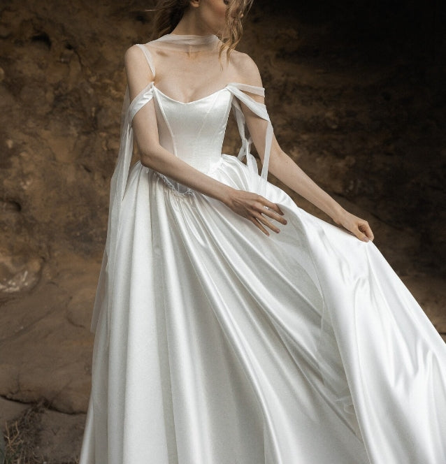 Satin White Wedding Dress Corset Wedding Dress A-line Off Shoulder Wedding Dress Victorian Wedding Dress Low Waist Wedding Dress