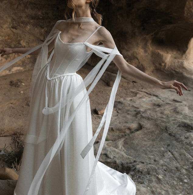 Satin White Wedding Dress Corset Wedding Dress A-line Off Shoulder Wedding Dress Victorian Wedding Dress Low Waist Wedding Dress