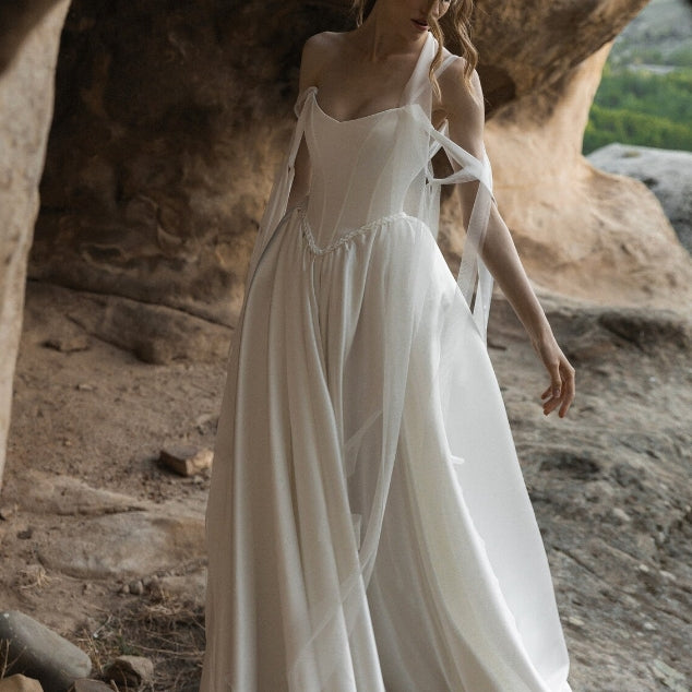 Satin White Wedding Dress Corset Wedding Dress A-line Off Shoulder Wedding Dress Victorian Wedding Dress Low Waist Wedding Dress