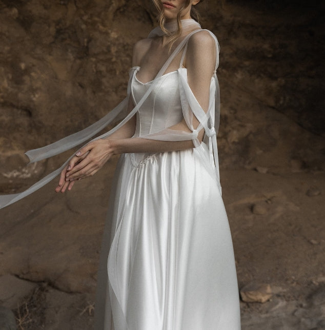 Satin White Wedding Dress Corset Wedding Dress A-line Off Shoulder Wedding Dress Victorian Wedding Dress Low Waist Wedding Dress