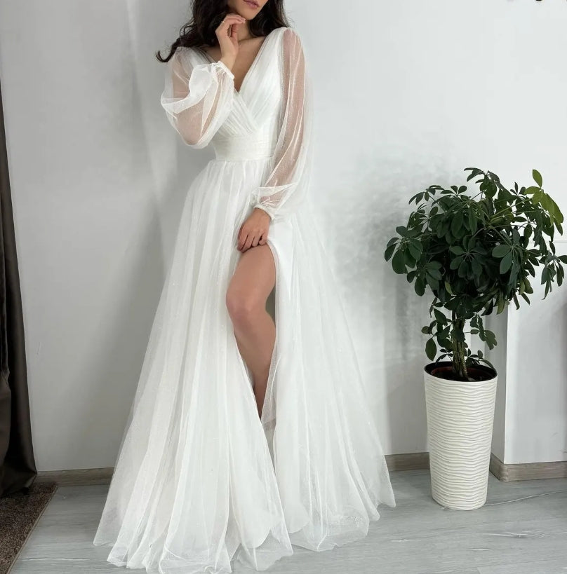 Floor Length A-Line Fit & Flare with Long Sleeves and Side Slit Bridal Dress White A-Line Maxi with Sleeves