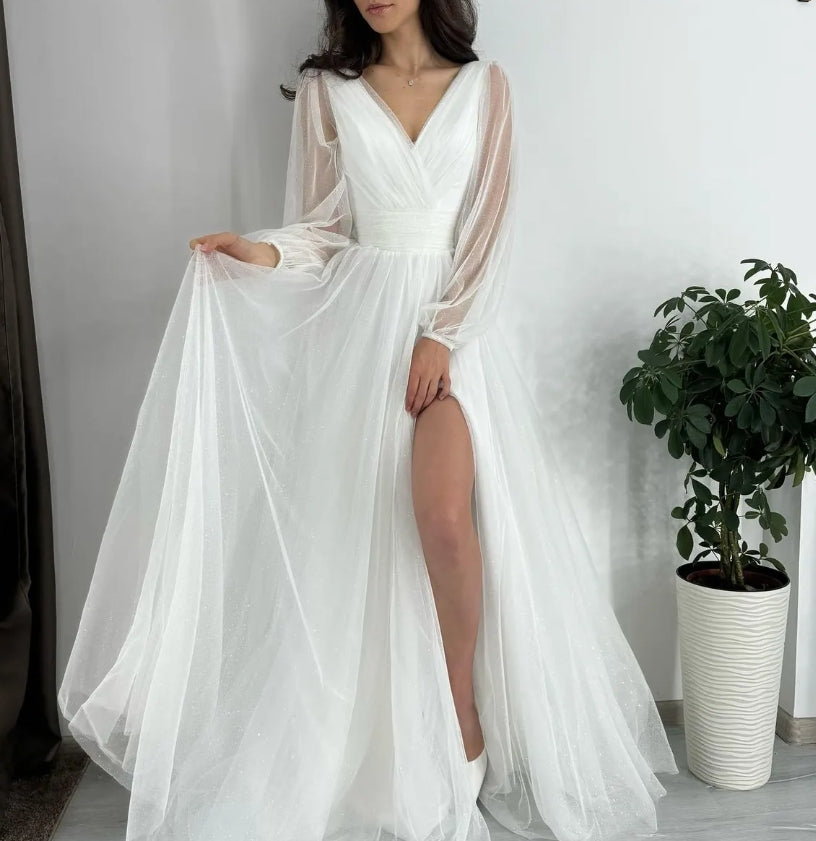 Floor Length A-Line Fit & Flare with Long Sleeves and Side Slit Bridal Dress White A-Line Maxi with Sleeves