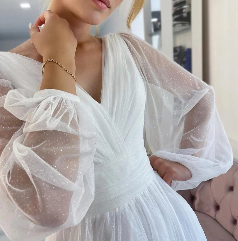 Floor Length A-Line Fit & Flare with Long Sleeves and Side Slit Bridal Dress White A-Line Maxi with Sleeves