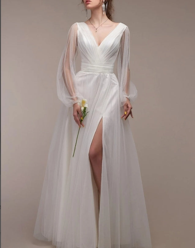 Floor Length A-Line Fit & Flare with Long Sleeves and Side Slit Bridal Dress White A-Line Maxi with Sleeves