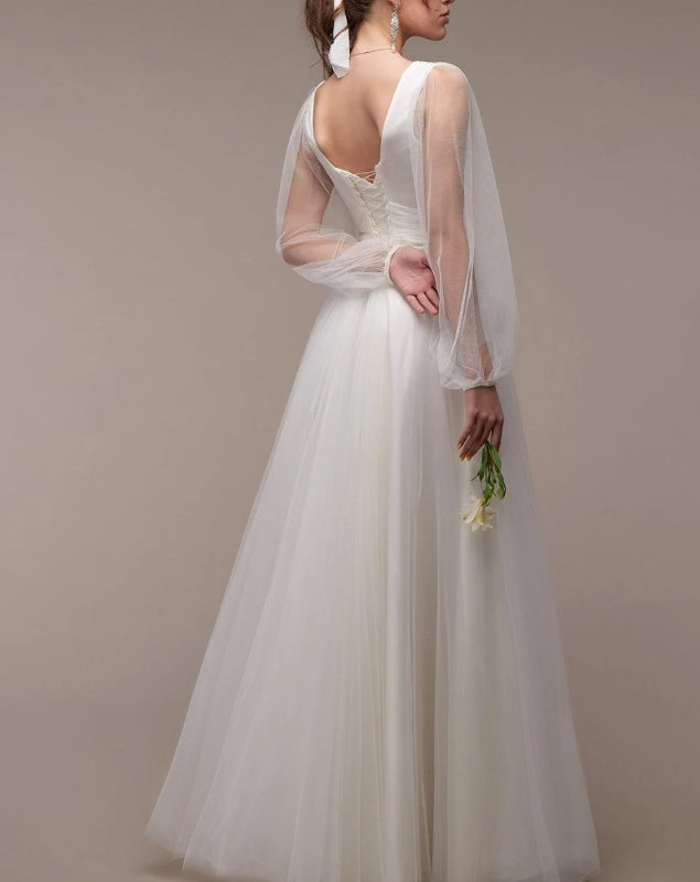 Floor Length A-Line Fit & Flare with Long Sleeves and Side Slit Bridal Dress White A-Line Maxi with Sleeves