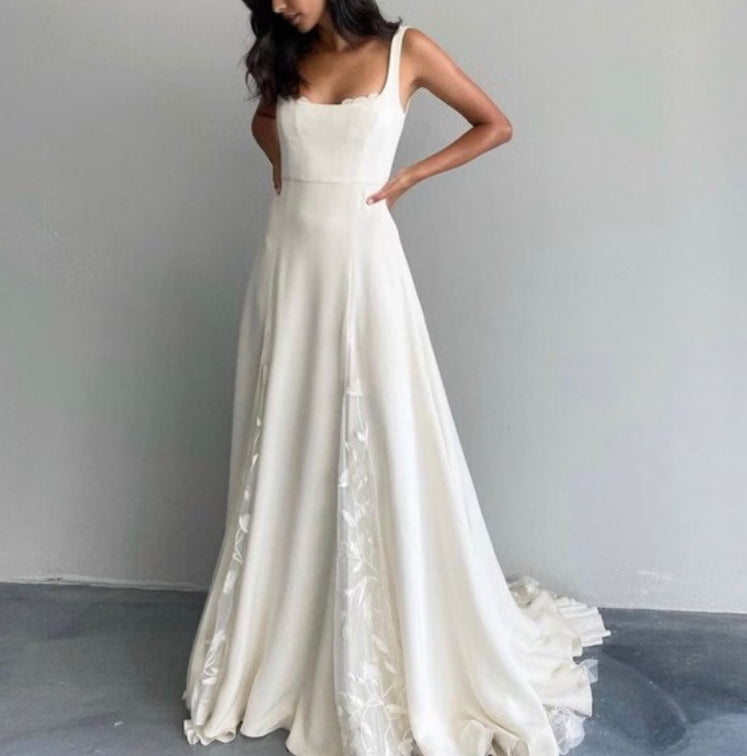 With Lace Detail And Train Boho Style Aline Wedding Dress Custom Square Neckline Wedding Dress For Brides