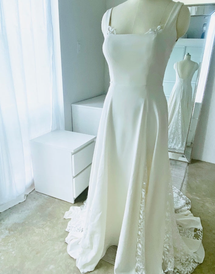 With Lace Detail And Train Boho Style Aline Wedding Dress Custom Square Neckline Wedding Dress For Brides