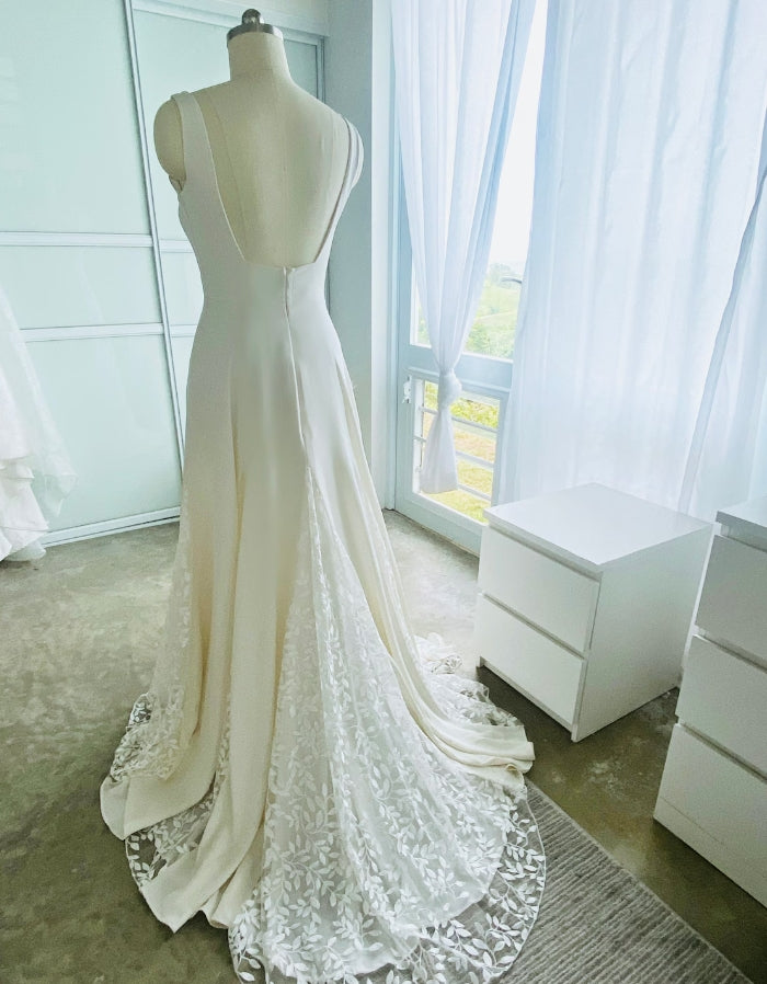 With Lace Detail And Train Boho Style Aline Wedding Dress Custom Square Neckline Wedding Dress For Brides