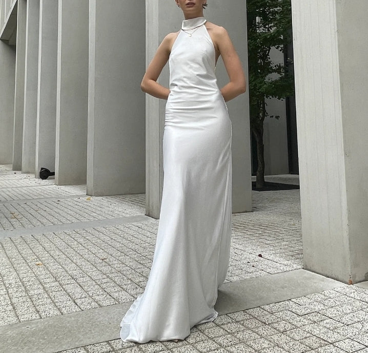 Wedding Dress In Ivory Beach Dress Halter Top With Open Back Satin Simple Wedding Dress