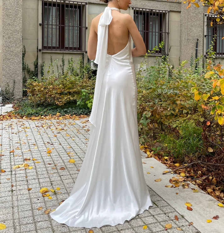 Wedding Dress In Ivory Beach Dress Halter Top With Open Back Satin Simple Wedding Dress