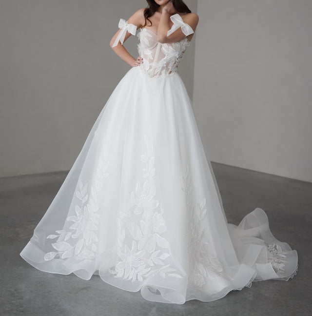 A-line Floral Lace Luxurious Wedding Dress Drop Waist Corset Tulle Skirt Wedding Dress  Flowers Embroidered Wedding Dress