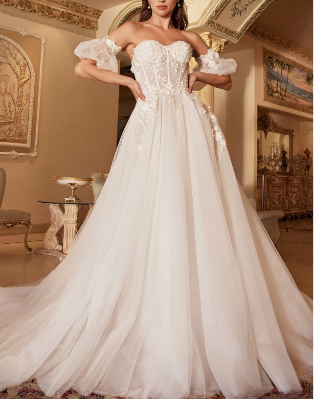 Floral Lace Dress 3D Floral Lace Wedding Dress Off the Shoulder A-Line Wedding Dress with Detachable Sleeves Strapless Sweetheart Corset