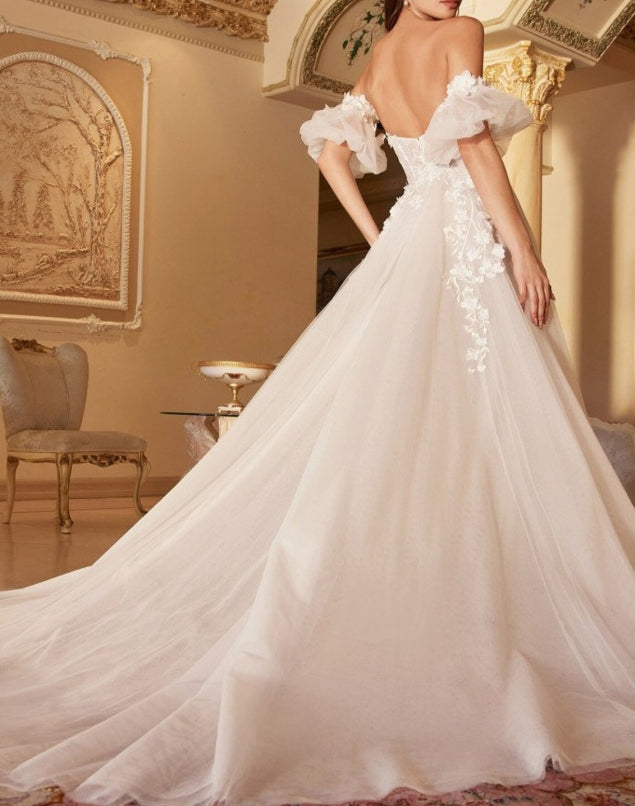 Floral Lace Dress 3D Floral Lace Wedding Dress Off the Shoulder A-Line Wedding Dress with Detachable Sleeves Strapless Sweetheart Corset