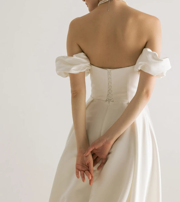 Off-the-shoulder wedding dress romantic wedding dress wedding dress with long train satin wedding dress white off wedding dress