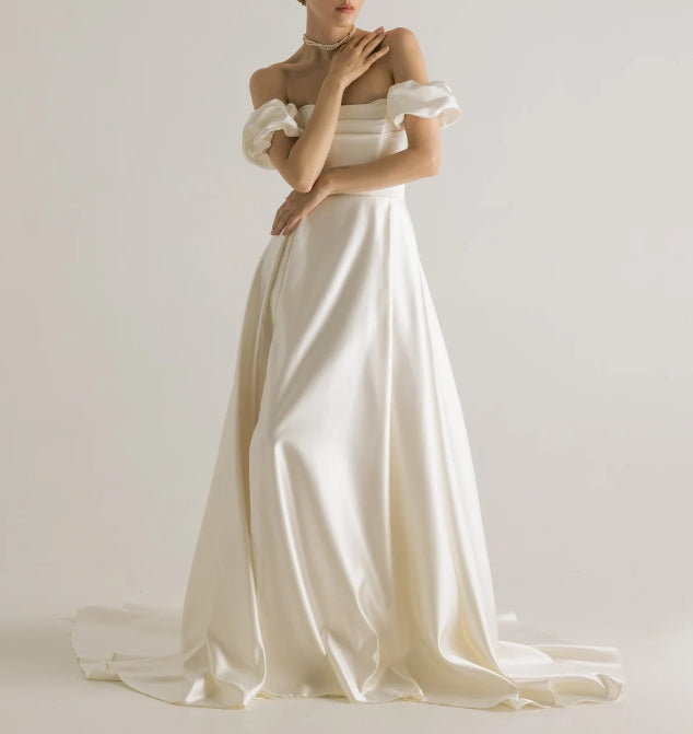 Off-the-shoulder wedding dress romantic wedding dress wedding dress with long train satin wedding dress white off wedding dress