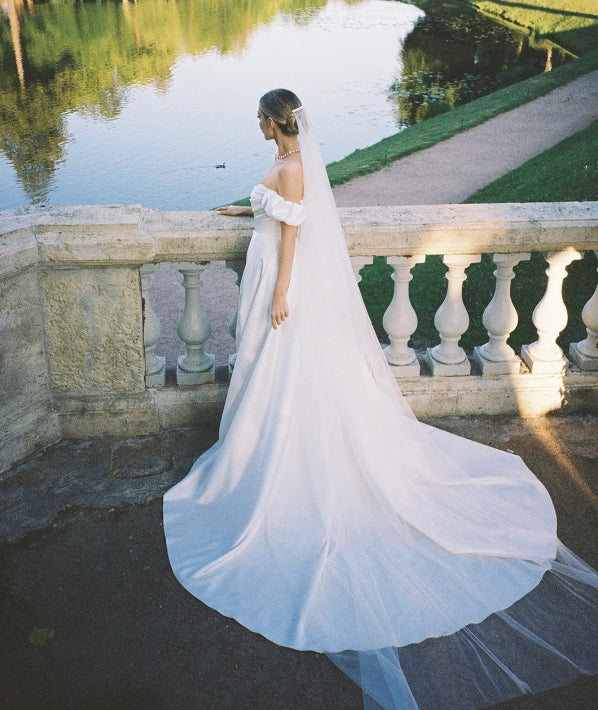 Off-the-shoulder wedding dress romantic wedding dress wedding dress with long train satin wedding dress white off wedding dress