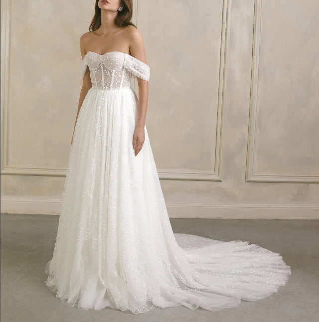Floral boho wedding dress Corset wedding dress Romantic A-line wedding dress for bride Lace wedding dress Off the shoulder wedding gown