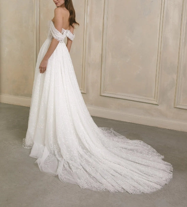 Floral boho wedding dress Corset wedding dress Romantic A-line wedding dress for bride Lace wedding dress Off the shoulder wedding gown