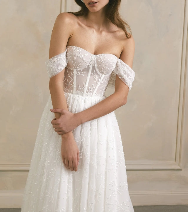 Floral boho wedding dress Corset wedding dress Romantic A-line wedding dress for bride Lace wedding dress Off the shoulder wedding gown