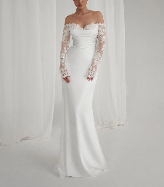 Elegant satin Off-Shoulder Lace Sleeve Bridal Gown with Classic Corset & Train. Open low back wedding delicate dress