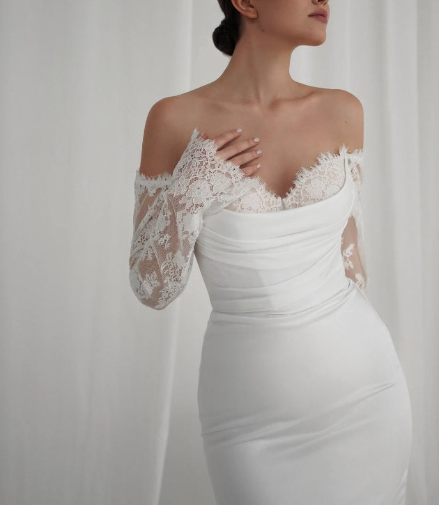 Elegant satin Off-Shoulder Lace Sleeve Bridal Gown with Classic Corset & Train. Open low back wedding delicate dress
