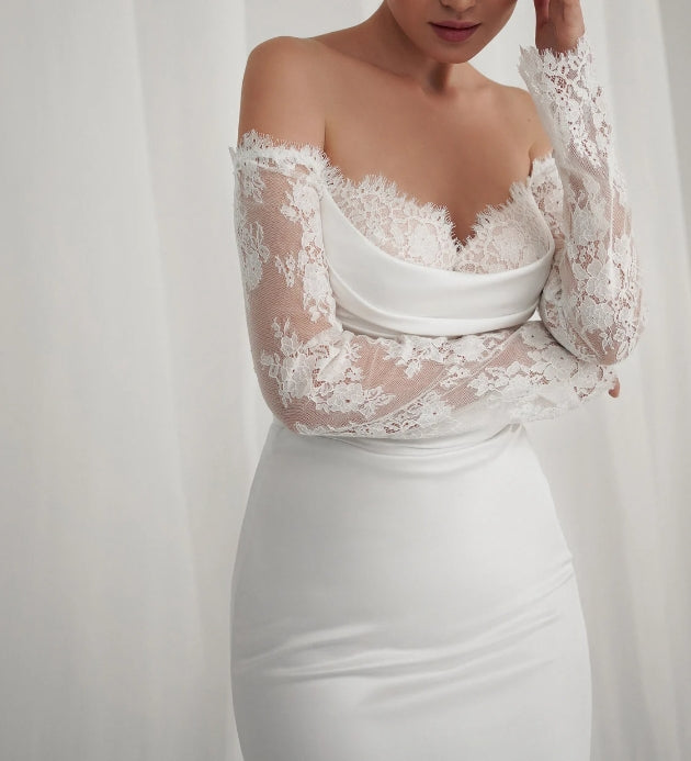 Elegant satin Off-Shoulder Lace Sleeve Bridal Gown with Classic Corset & Train. Open low back wedding delicate dress