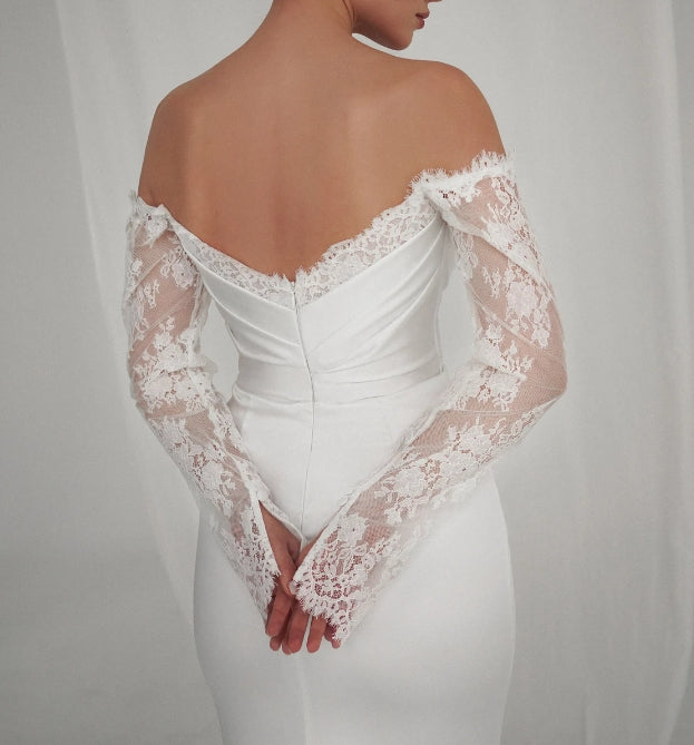Elegant satin Off-Shoulder Lace Sleeve Bridal Gown with Classic Corset & Train. Open low back wedding delicate dress