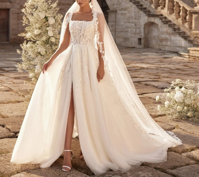 Square Neckline Wedding Dress A-Line Princess Bridal Gown Floral Lace Zip Back Princess Dress