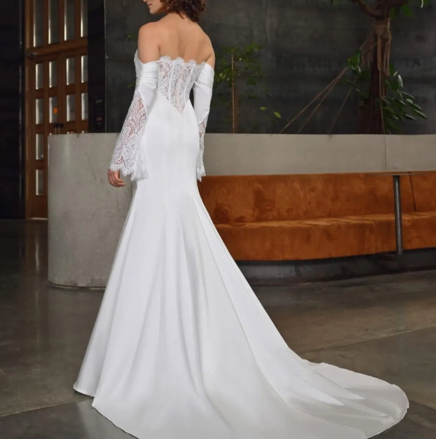 Off-white Lace And Atlas Off-shoulder Wedding Dress Long Sleeve Minimalist Mermaid Bridal Gown