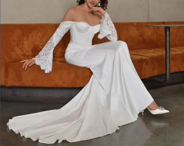 Off-white Lace And Atlas Off-shoulder Wedding Dress Long Sleeve Minimalist Mermaid Bridal Gown