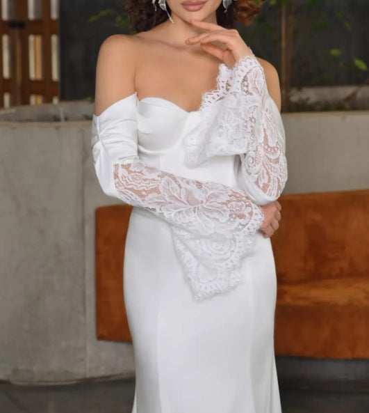 Off-white Lace And Atlas Off-shoulder Wedding Dress Long Sleeve Minimalist Mermaid Bridal Gown