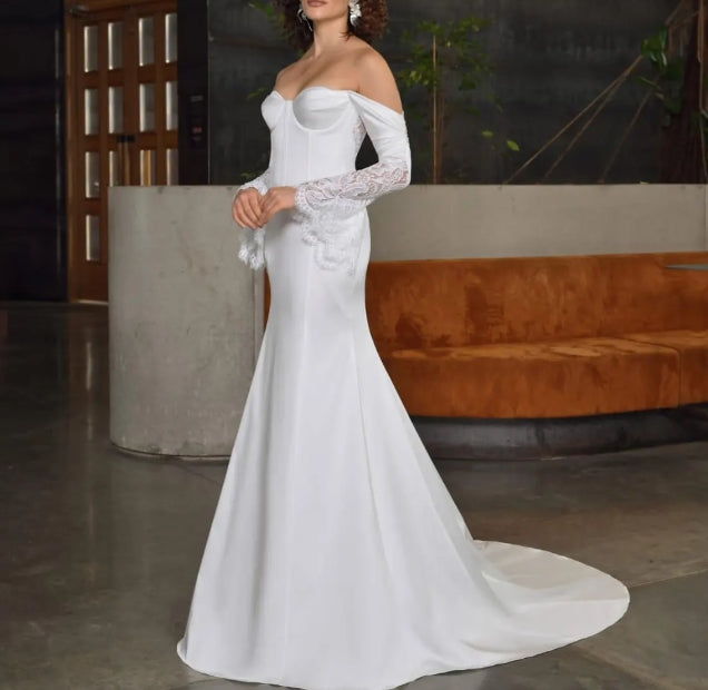 Off-white Lace And Atlas Off-shoulder Wedding Dress Long Sleeve Minimalist Mermaid Bridal Gown