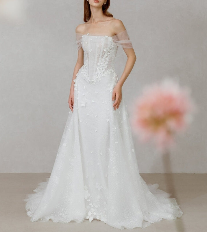 Luxurious off shoulder wedding dress with train corset strapless mermaid wedding dress