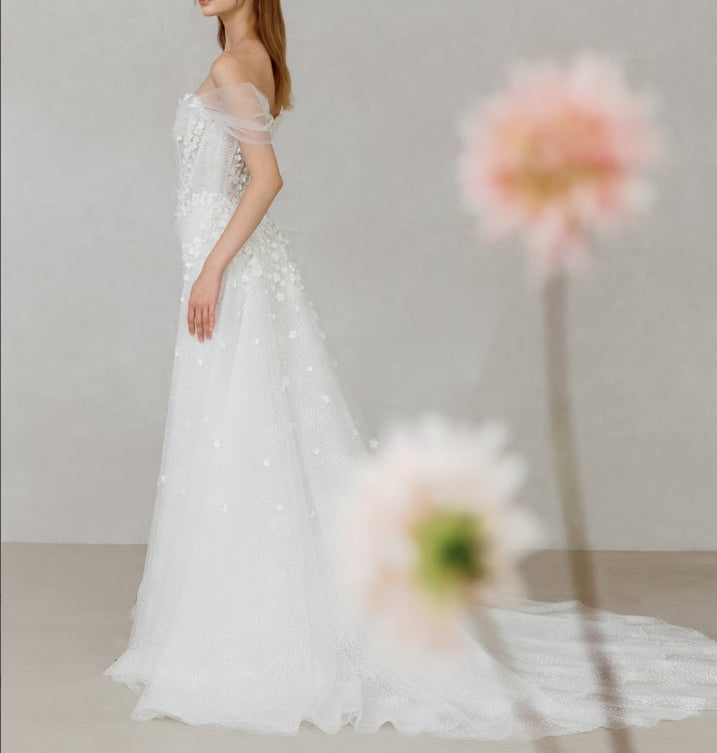 Luxurious off shoulder wedding dress with train corset strapless mermaid wedding dress