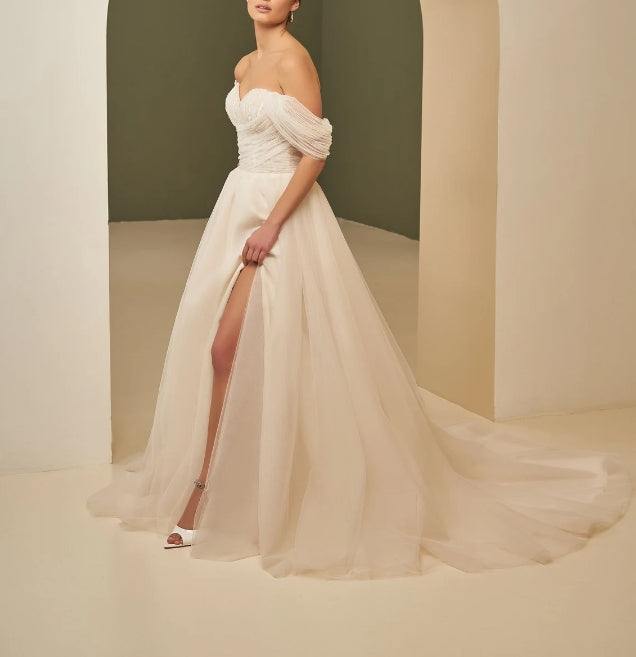 Unique Boho Off Shoulder Wedding Dress High Split Beach Boho Wedding Gown Sparkling Bridal Gown Fairy Tulle Bridal Dress