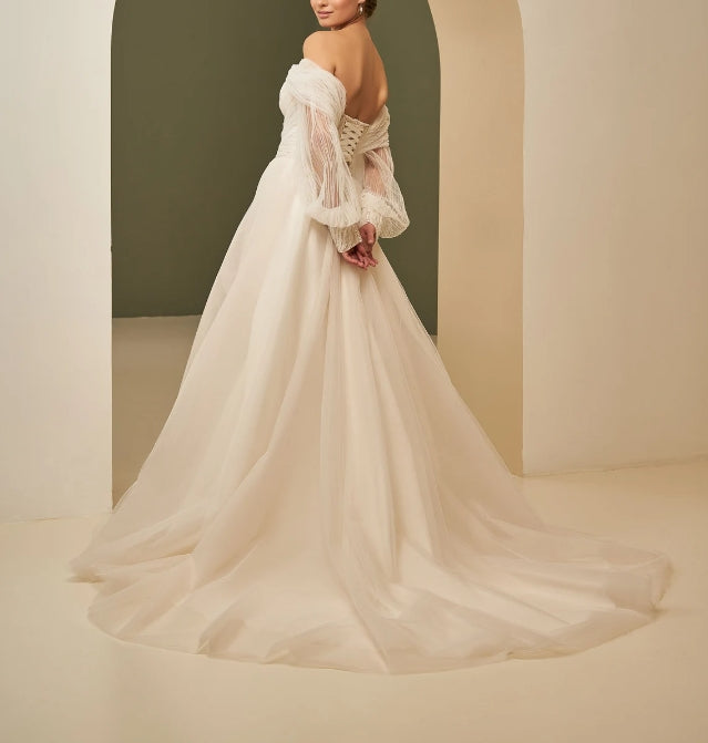 Unique Boho Off Shoulder Wedding Dress High Split Beach Boho Wedding Gown Sparkling Bridal Gown Fairy Tulle Bridal Dress