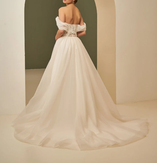 Unique Boho Off Shoulder Wedding Dress High Split Beach Boho Wedding Gown Sparkling Bridal Gown Fairy Tulle Bridal Dress