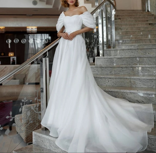 Elegant off the shoulder bridal dress with train Ballgown wedding dress with short sleeves Fairy tale princess wedding dress