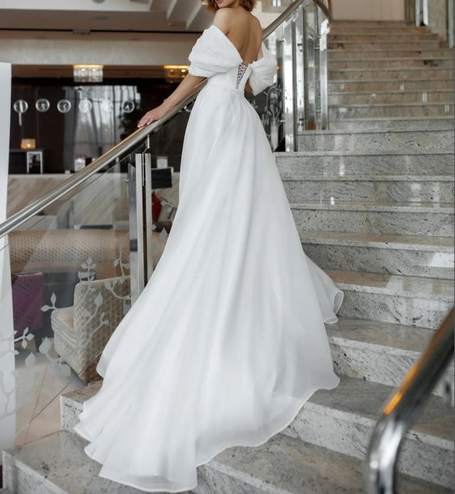 Elegant off the shoulder bridal dress with train Ballgown wedding dress with short sleeves Fairy tale princess wedding dress