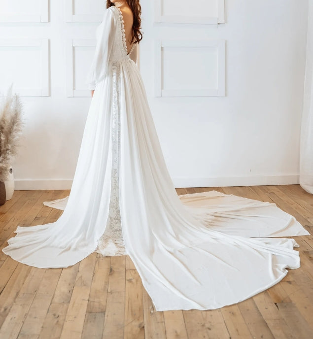 Long Sleeve Wedding Dress Chiffon and Lace Wedding Dress Plunging Neckline Wedding Dress