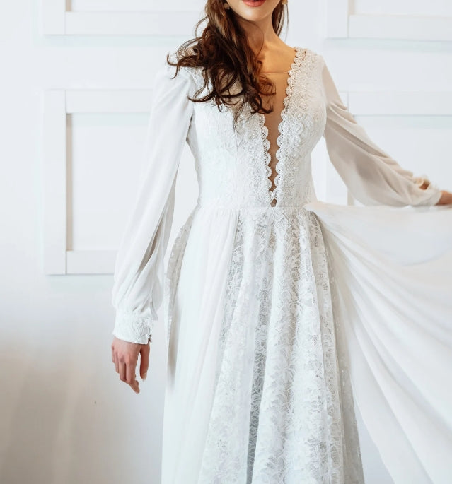Long Sleeve Wedding Dress Chiffon and Lace Wedding Dress Plunging Neckline Wedding Dress