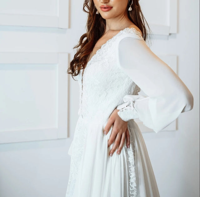 Long Sleeve Wedding Dress Chiffon and Lace Wedding Dress Plunging Neckline Wedding Dress