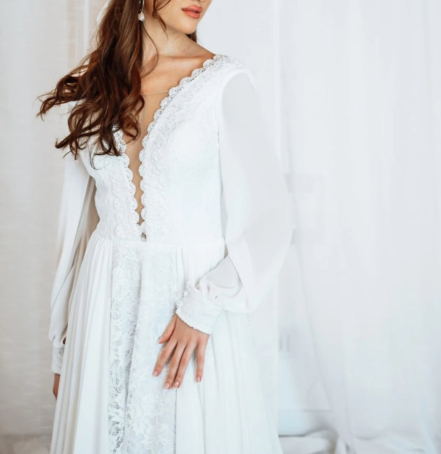 Long Sleeve Wedding Dress Chiffon and Lace Wedding Dress Plunging Neckline Wedding Dress
