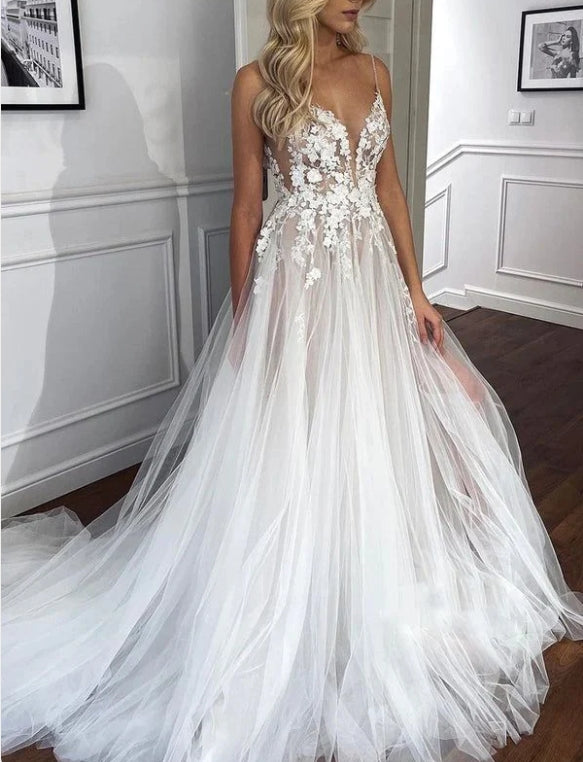 V Neck Lace A Line Tulle Appliques Wedding Dress With