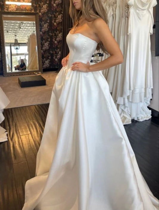 White Strapless A Line Wedding Dresses