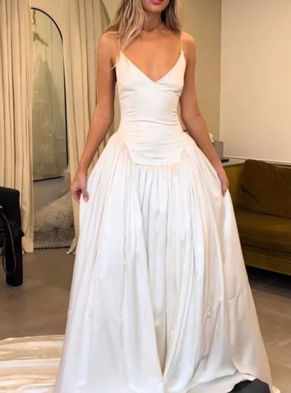 A Line White Wedding Dresses V Neck Long Bride Dress