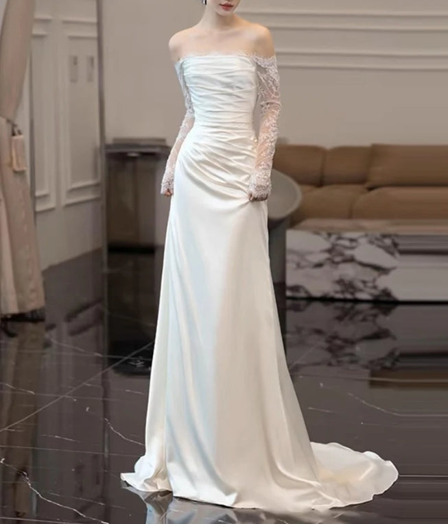 Lace Sleeves White Sheath Wedding Dress